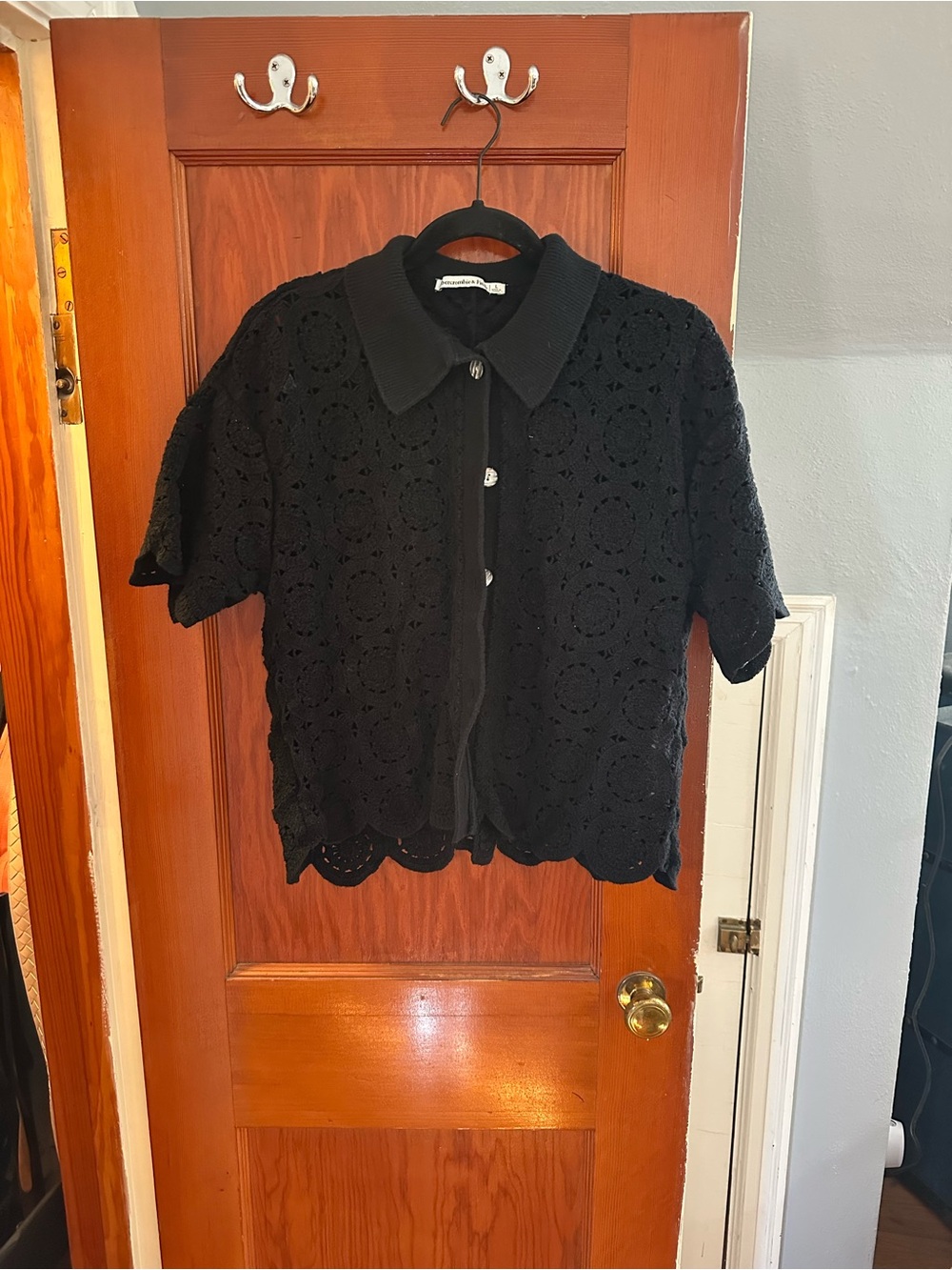 Abercrombie & Fitch Black Crochet Short-Sleeve Button-Down Shirt